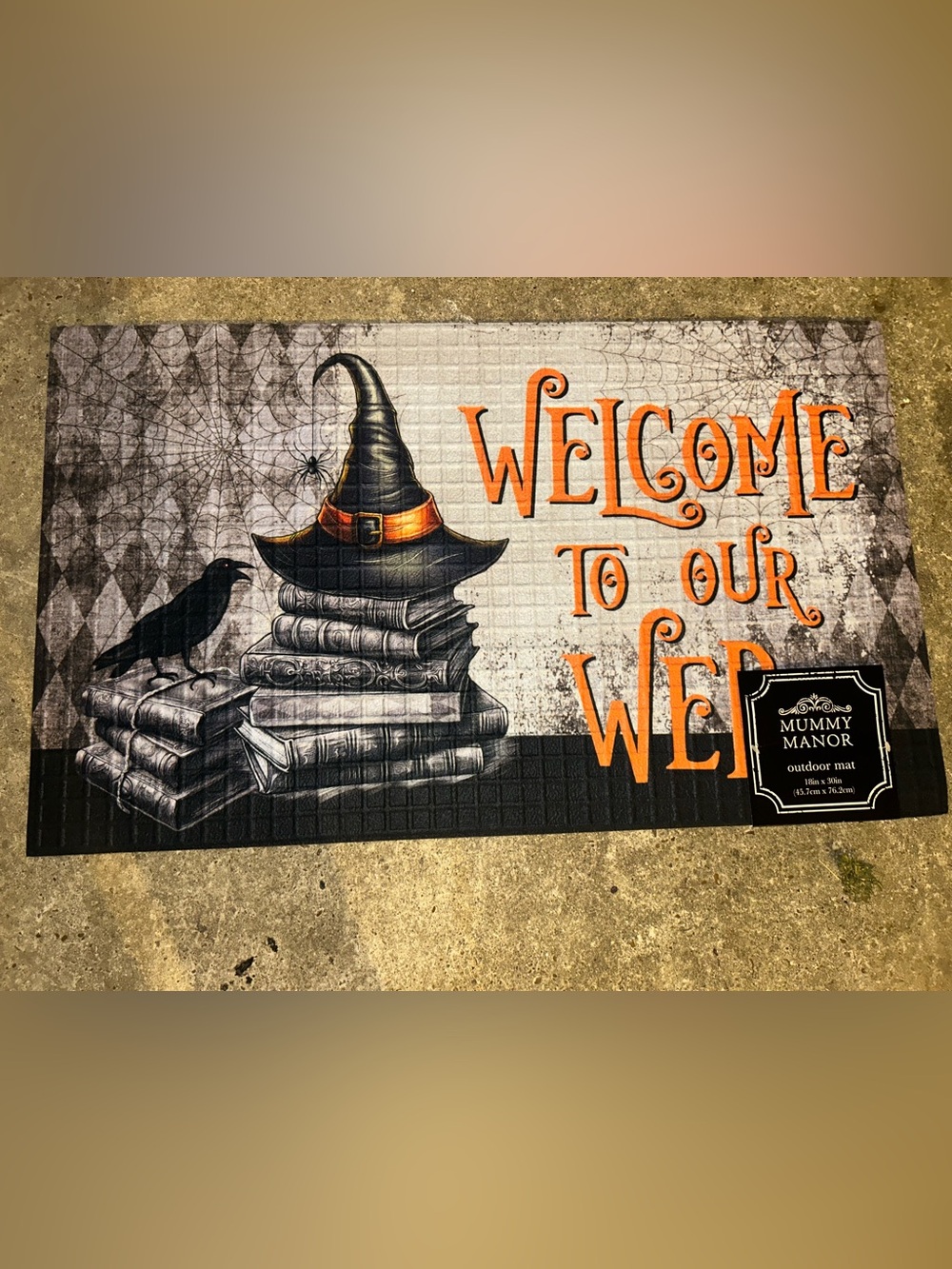 Welcome Halloween Rubber Doormat with Black Witch Hat and Orange Accents